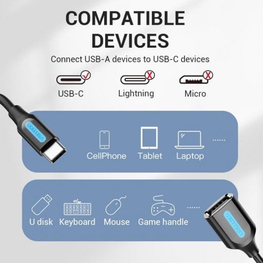Vention CCSBB Cabo OTG USB 2.0 Tipo C Macho para USB Tipo A Fêmea 15cm Preto