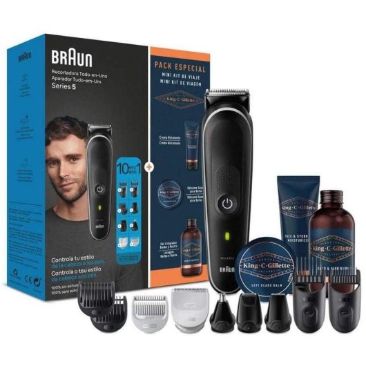 Máquina de Cortar Cabelo Multifunções Braun Series 5 MGK5440 Sem Fios 100min 3 Pentes À Prova de Água