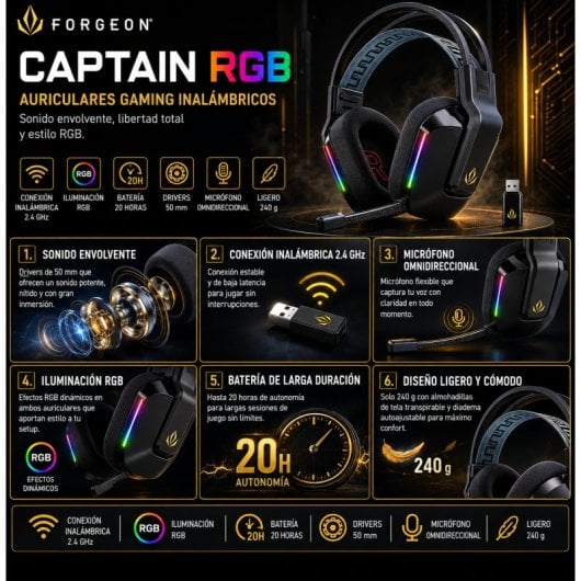 Forgeon Captain RGB Auriculares con Micrófono Inalámbricos Gaming Negros