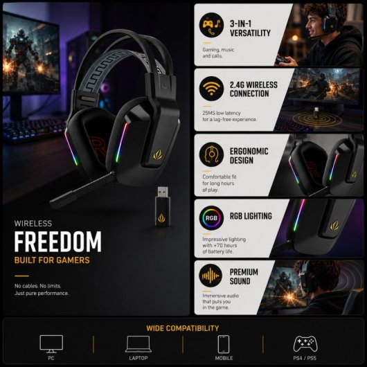 Forgeon Captain RGB Auriculares con Micrófono Inalámbricos Gaming Negros
