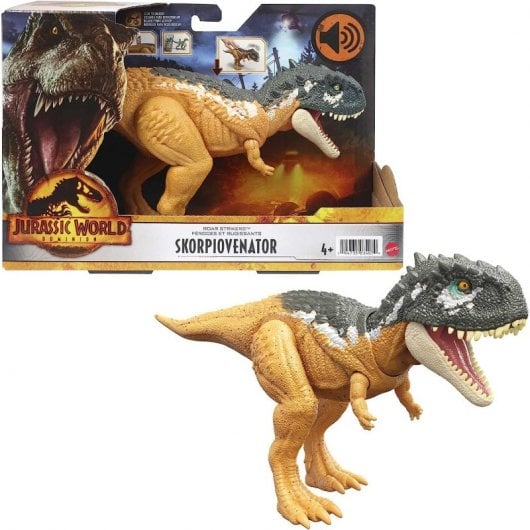 Brinquedo de dinossauro Mattel Jurassic World Skorpiovenator ruge e ataca
