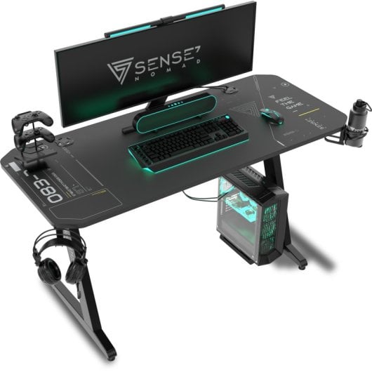 SENSE7 Nomad Cybernetic Mesa Gaming Ergonomicos con Accesorios 140x60 Negra