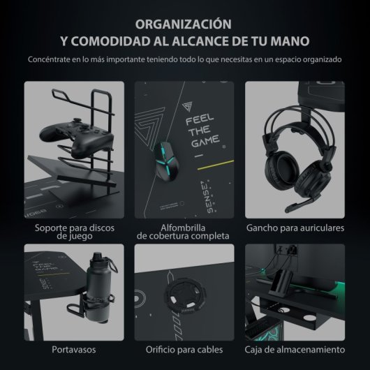 SENSE7 Nomad Cybernetic Mesa Gaming Ergonomicos con Accesorios 140x60 Negra