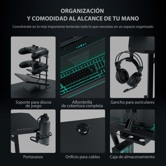 SENSE7 Nomad Classic Mesa Gaming Ergonomicos con Accesorios 140x60 Negra