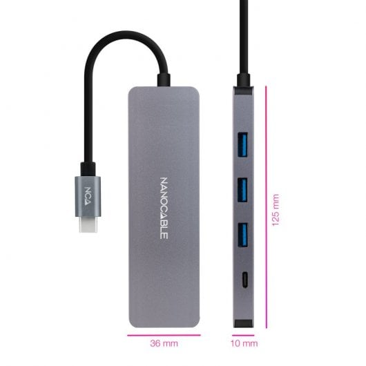 Nanocable Hub USB-C a 3 Puertos USB 3.0/H y 1 Puerto USB-C/H Aluminio 10cm Gris