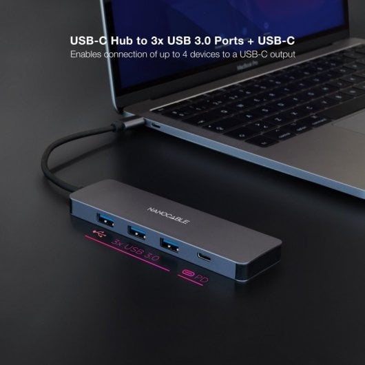 Nanocable Hub USB-C a 3 Puertos USB 3.0/H y 1 Puerto USB-C/H Aluminio 10cm Gris