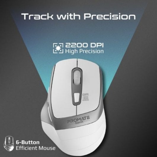 Promate Samit Mouse Wireless Silent Click 2.4 Ghz 6 Pulsanti 2200 DPI Nano Ricevitore USB Bianco