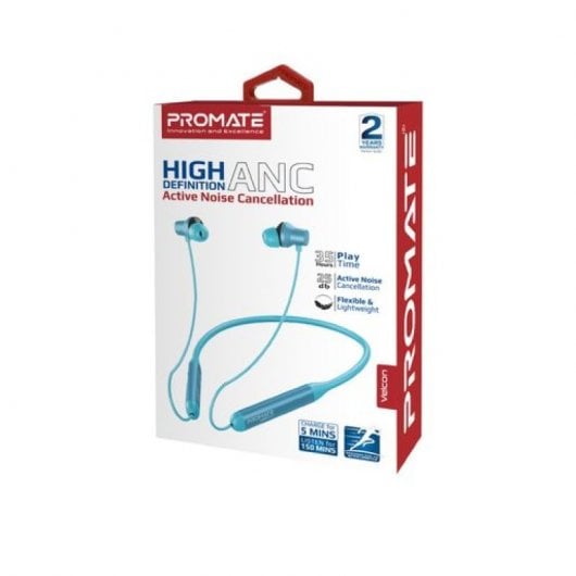 Promate Velcon Auriculares Inalámbricos Bluetooth para Cuello Cancelación de Ruido Activa ANC Azul