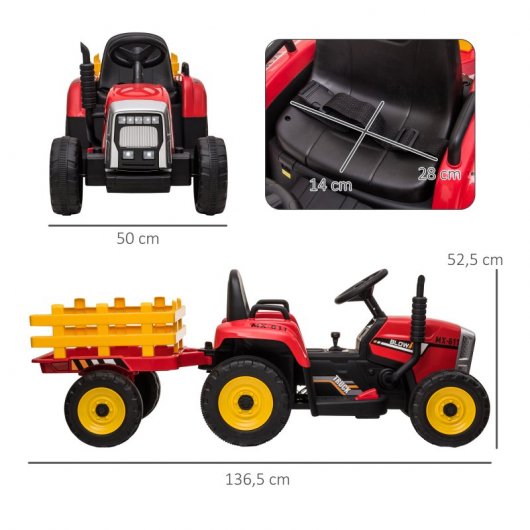 Homcom Tractor Eléctrico Con Remolque Para Niños 3-6 Años 136,5x50x52,5 Cm Rojo