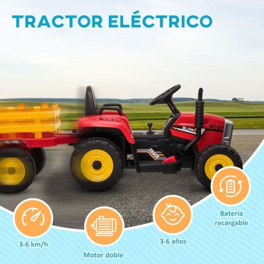 Homcom Tractor Eléctrico Con Remolque Para Niños 3-6 Años 136,5x50x52,5 Cm Rojo