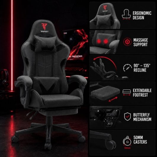 Tempest Shake Silla Gaming con Reposapiés y Masaje Negra