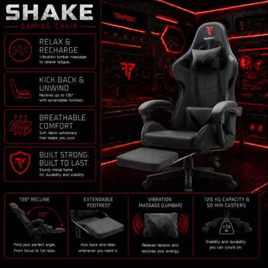 Tempest Shake Silla Gaming con Reposapiés y Masaje Negra