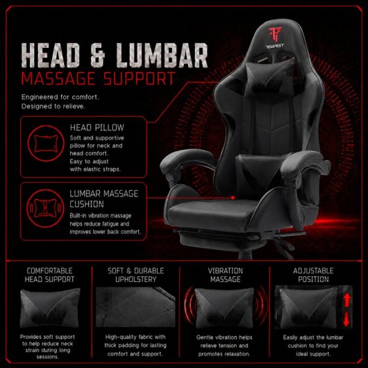Tempest Shake Silla Gaming con Reposapiés y Masaje Negra