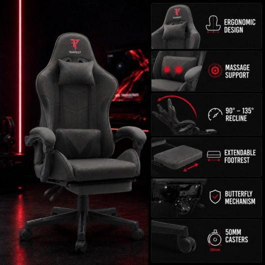 Tempest Shake Gaming-Stuhl mit Fußstütze und Massage, Schwarz, atmungsaktiver Stoff