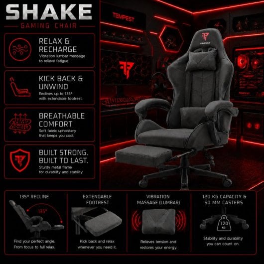 Tempest Shake Gaming-Stuhl mit Fußstütze und Massage, Schwarz, atmungsaktiver Stoff