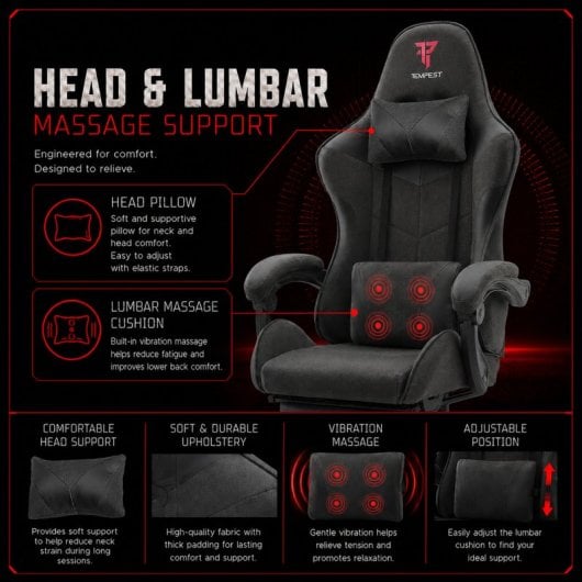 Tempest Shake Gaming-Stuhl mit Fußstütze und Massage, Schwarz, atmungsaktiver Stoff