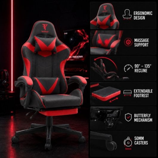 Tempest Shake Gaming-Stuhl mit Fußstütze und Massage, Schwarz/Rot, atmungsaktiver Stoff