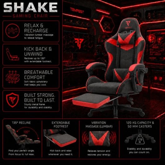 Tempest Shake Gaming-Stuhl mit Fußstütze und Massage, Schwarz/Rot, atmungsaktiver Stoff