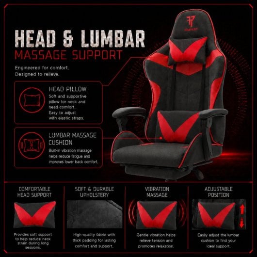 Tempest Shake Gaming-Stuhl mit Fußstütze und Massage, Schwarz/Rot, atmungsaktiver Stoff