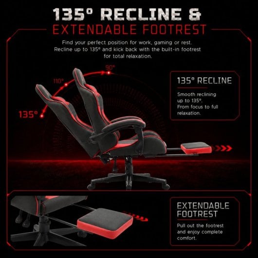 Tempest Shake Gaming-Stuhl mit Fußstütze und Massage, Schwarz/Rot, atmungsaktiver Stoff