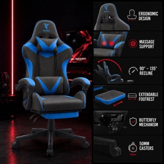 Tempest Shake Silla Gaming con Reposapiés y Masaje Negra/Azul Tela Transpirable