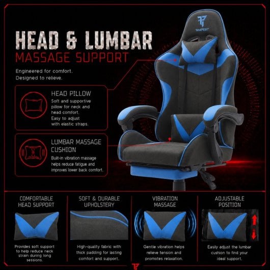 Tempest Shake Silla Gaming con Reposapiés y Masaje Negra/Azul Tela Transpirable