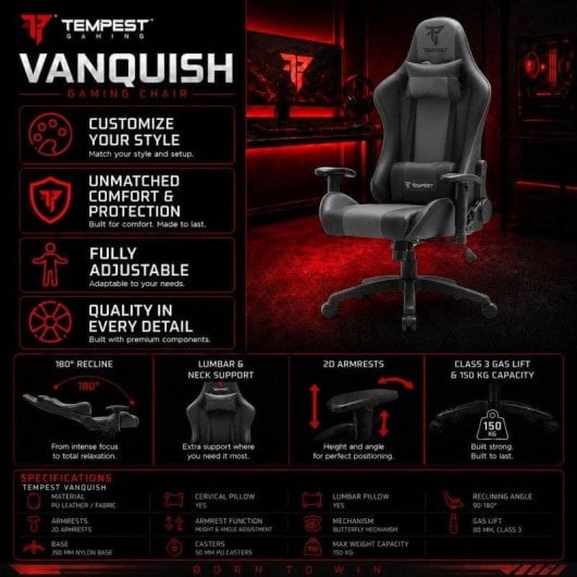 Chaise Gaming Tempest Vanquish Grise - Design Aggressif et Confort Max