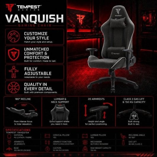 Tempest Vanquish Silla Gaming Negra/Blanca Tela Transpirable