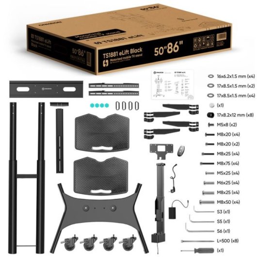 Onkron TS1881E-B Soporte TV 50"-86", 90kg max, VESA 800x500, Motorizado, Altura Regulable, Negro