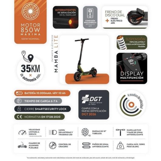 Patinete électrique Olsson Mamba Lite 850W Autonomie 35km Roues 10 pouces Freins disque Noir