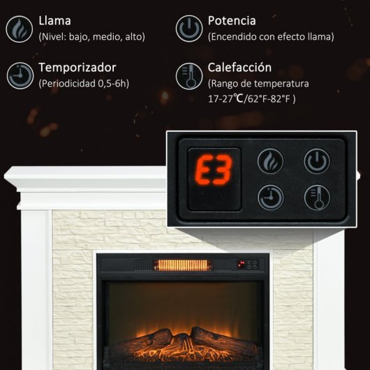 Homcom Chimenea Eléctrica con Calefacción 1800w Efecto Llama Blanco