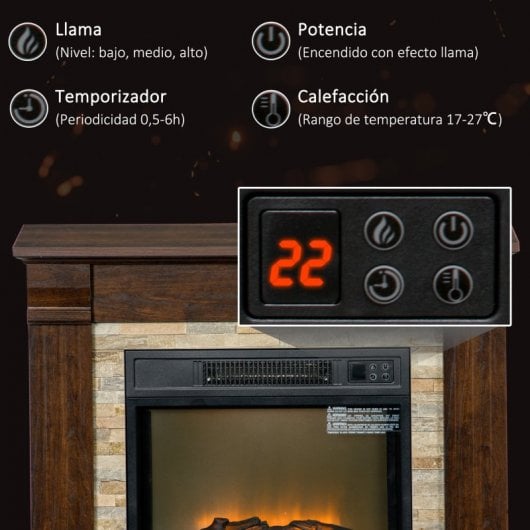 Homcom Chimenea Eléctrica con Calefacción 1800w Efecto Llama Marrón Oscuro