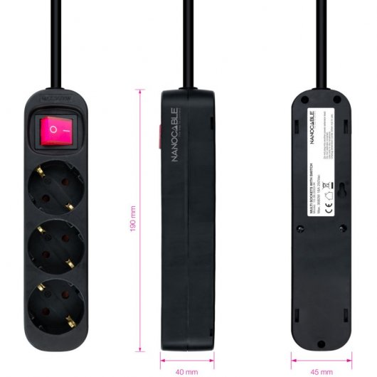 Nanocable Regleta de Enchufes con 3 Tomas Tipo F con Interruptor 1.4m Negro
