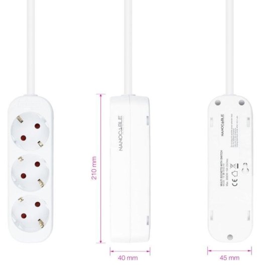 Régua de tomadas Nanocable 10.38.0003-NS 3 Tomadas Proteção Infantil Cabo 1,4 m Branco