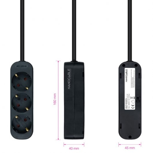Nanocable Regleta de Enchufes con 3 Tomas Tipo F 1.4m Negro