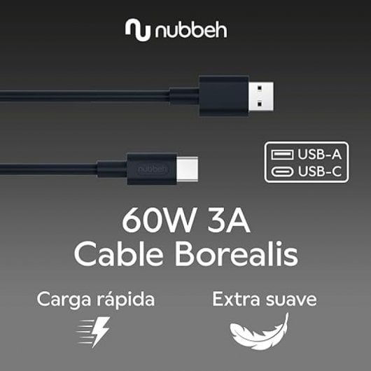 Nubbeh Borealis Cable USB-A a USB-C de Silicona Líquida 1.5m 3a 18W Negro