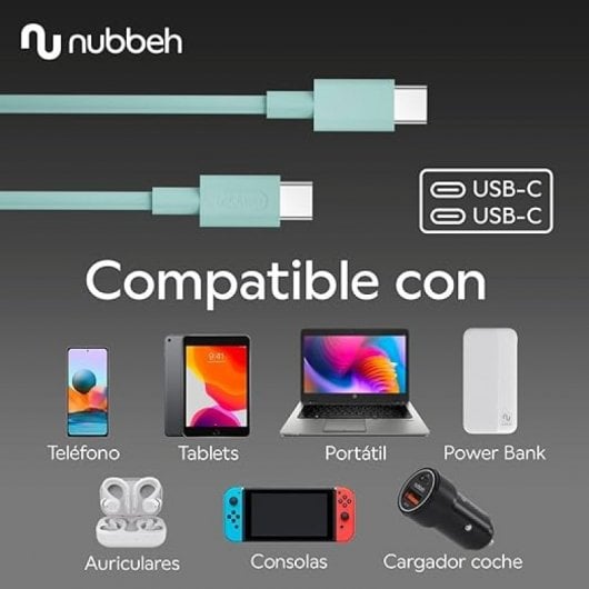 Nubbeh Borealis Cable USB-C a USB-C de Silicona Líquida 1.5m 3a 60W Turquesa