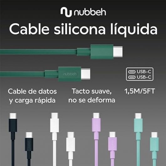 Nubbeh Borealis Cable USB-C a USB-C de Silicona Líquida 1.5m 3a 60W Turquesa