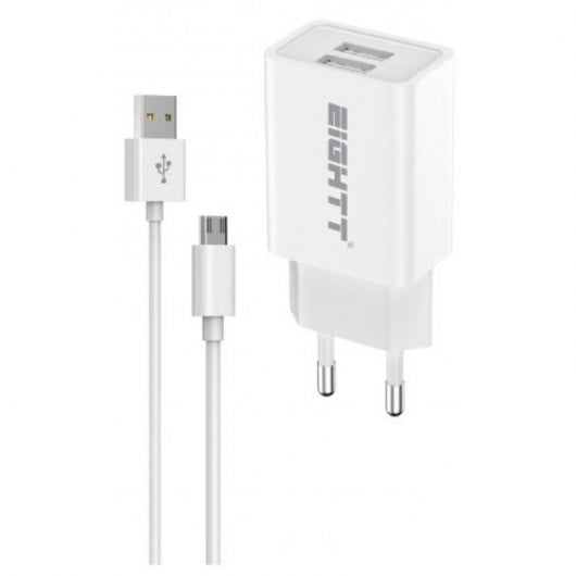 Eightt ECW-M 2x USB-A Caricabatterie per smartphone con cavo micro USB bianco