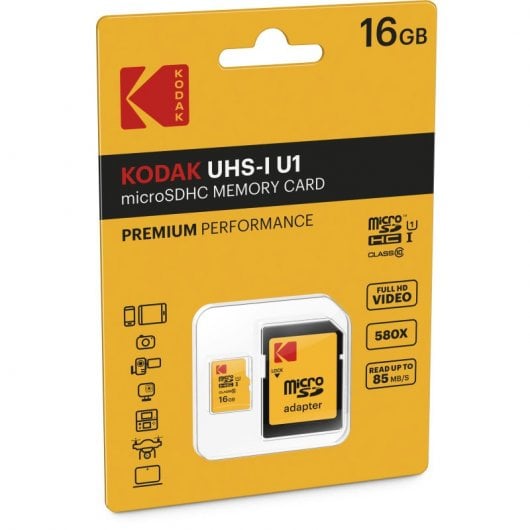 Carte mémoire Kodak Premium Perfomance MicroSDHC 16 Go classe 10 avec adaptateur
