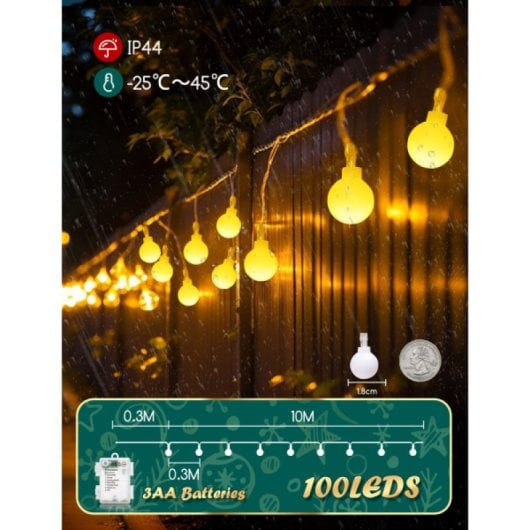 Guirlande lumineuse à piles Aigostar, 100 LED blanc chaud, 8 modes d'éclairage, 10 m