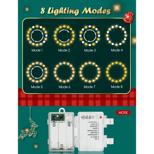 Guirlande lumineuse à piles Aigostar, 100 LED blanc chaud, 8 modes d'éclairage, 10 m