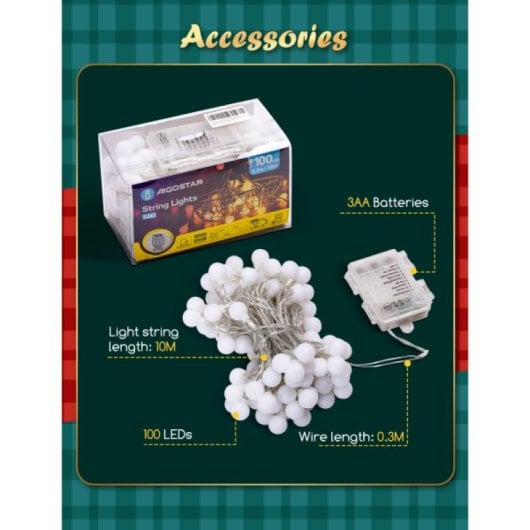 Guirlande lumineuse à piles Aigostar, 100 LED blanc chaud, 8 modes d'éclairage, 10 m