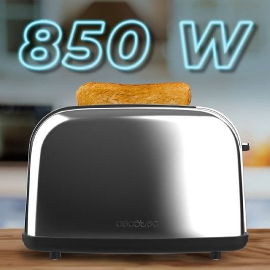 Cecotec Toastin' time 850 Inox Tostapane 2 Fette Corte e Supporto per Rullini 850W in Argento