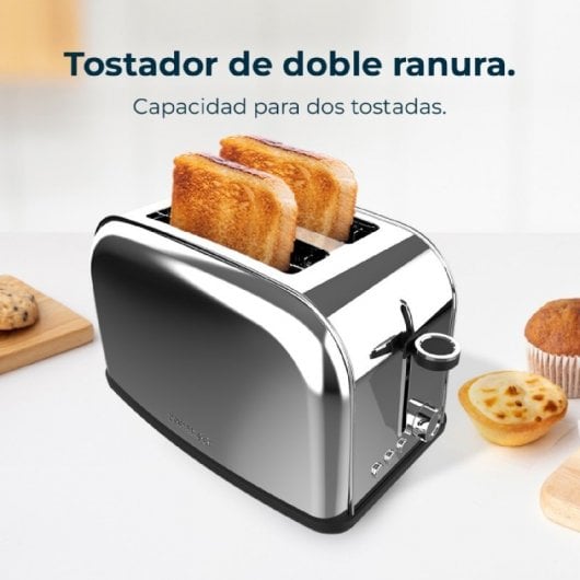 Cecotec Toastin' time 850 Inox Tostapane 2 Fette Corte e Supporto per Rullini 850W in Argento