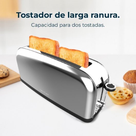 Cecotec Toastin' time 850 Inox Long Tostador 1 Rebanada Larga y Soporte para Panecillos en Plata