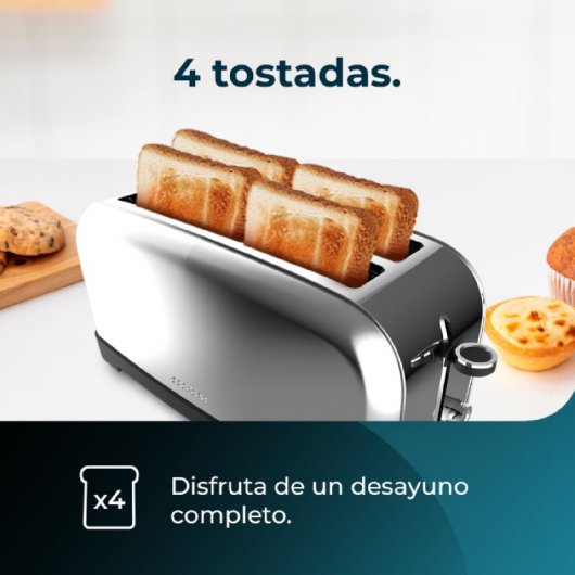 Cecotec Toastin' time 1500 Inox Tostadora con 2 Rebanadas Largas y Soporte de Panecillos en Plata
