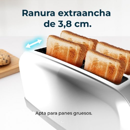 Cecotec Toastin' time 1500 Inox Tostadora con 2 Rebanadas Largas y Soporte de Panecillos en Plata