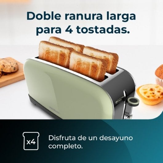 Cecotec Toastin' time 1500 Green Tostadora con 2 Rebanadas Largas y Soporte de Panecillos en Verde