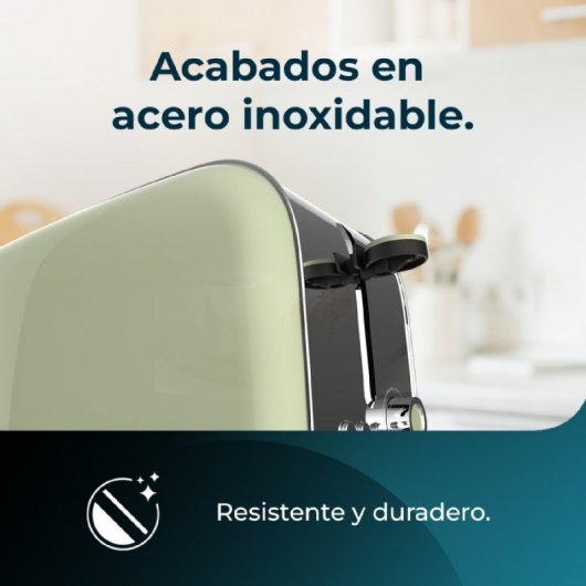 Cecotec Toastin' time 1500 Green Tostadora con 2 Rebanadas Largas y Soporte de Panecillos en Verde